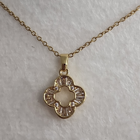 Goldtone Stainless Steel Clover Pendant Rhinestone Necklace - Picture 2 of 8